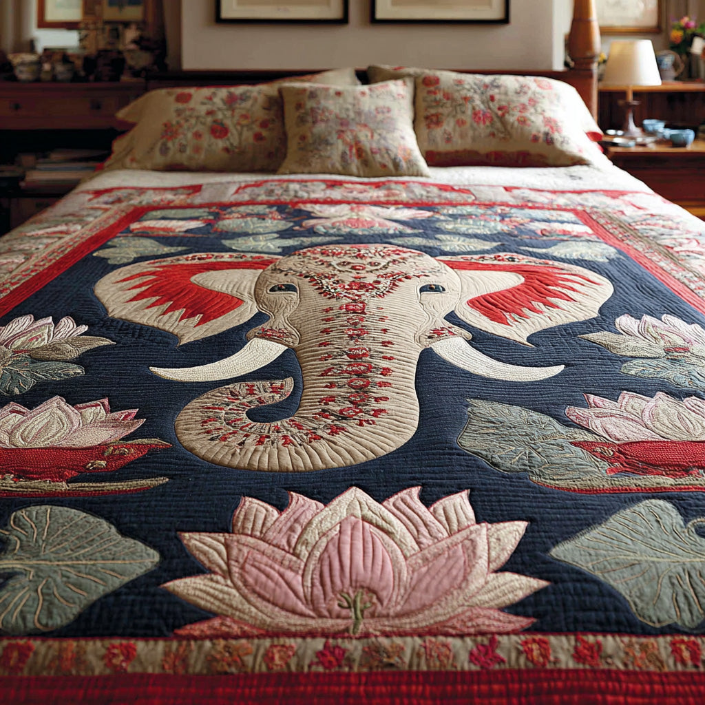 Crimson Lotus Elephant 3-Piece Quilted Bedding Set - Single (59" x 70")