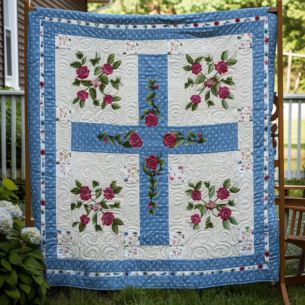 Cross And Roses Quilted Blanket - Throw (55" x 60")