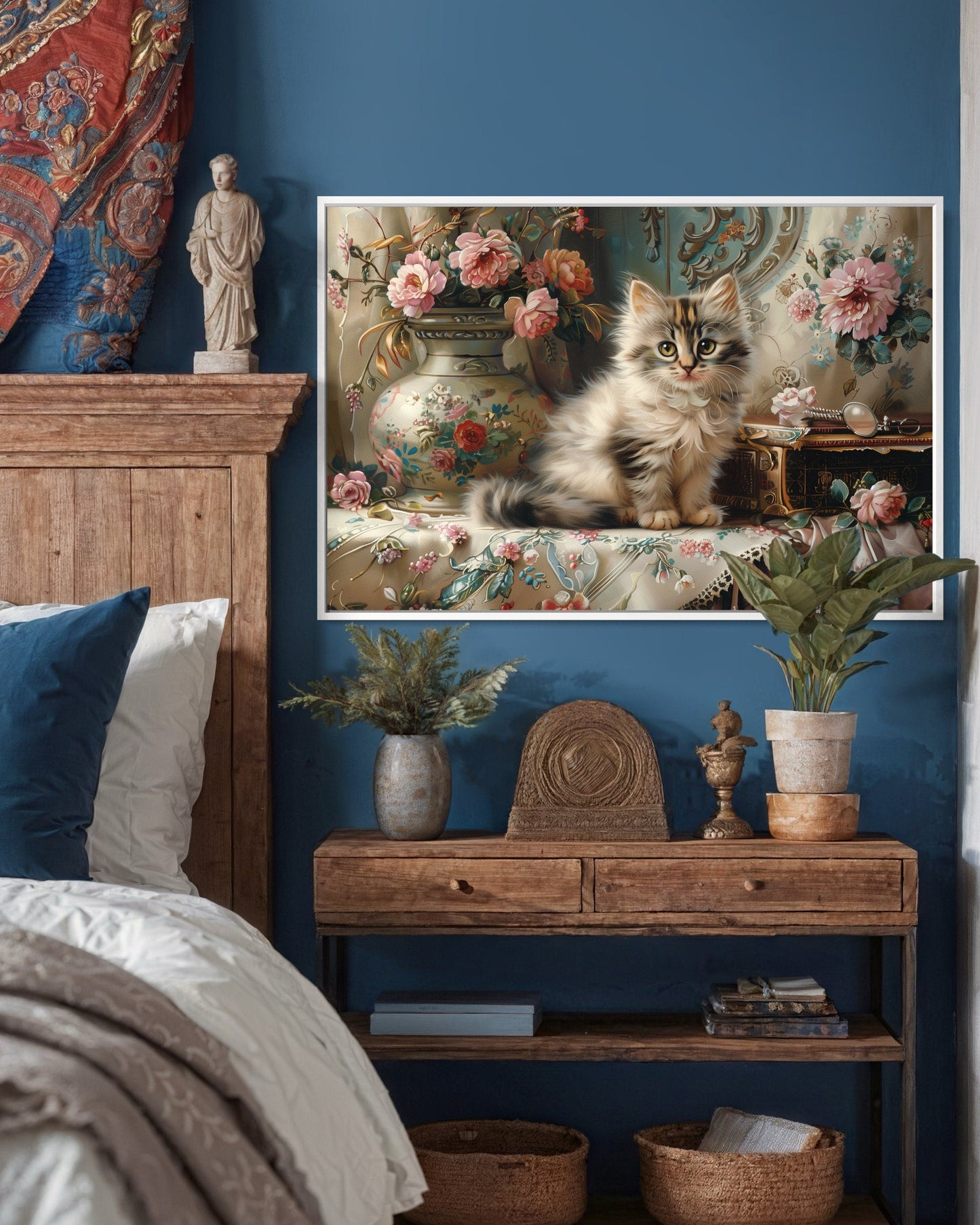 Cute Kitten And Flowers Victorian Painting Framed Canvas Wall Art