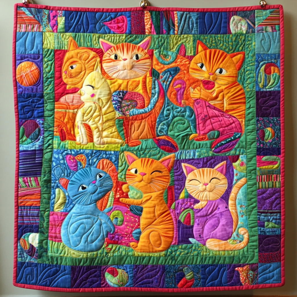 Cute Cat And Yarns Quilted Blanket - Throw (55" x 60")