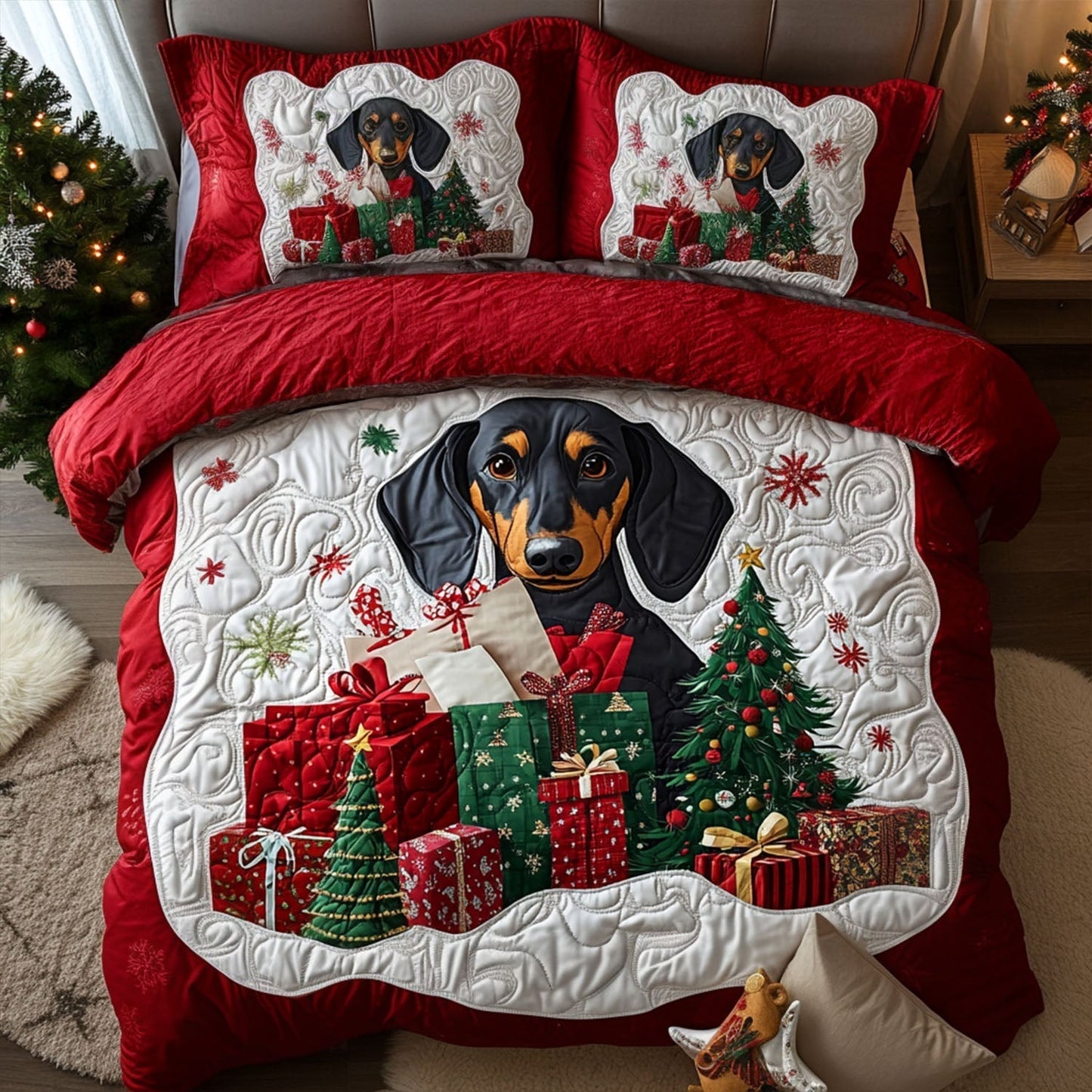 Dachshund Frost 3-Piece Quilted Bedding Set - Single (59" x 70")