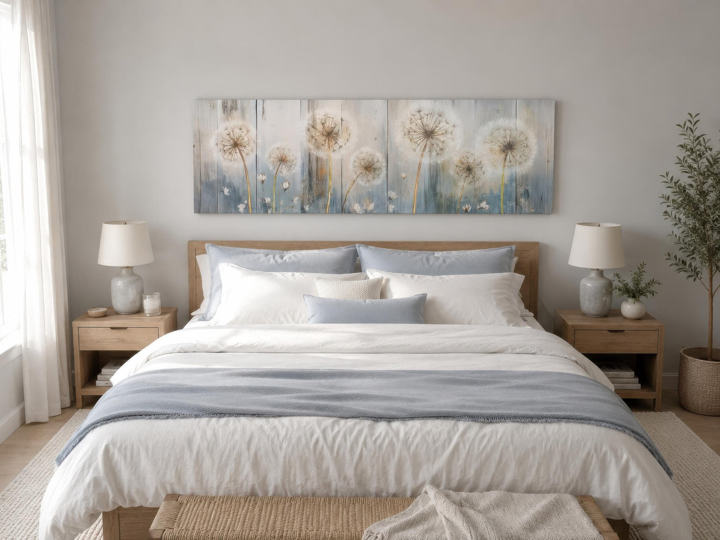 Dandelion Wall Art - Long Horizontal Canvas | Botanical Floral Print, Farmhouse Bedroom Decor