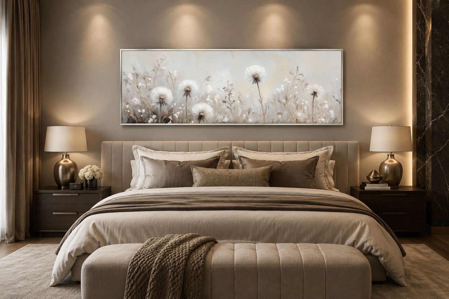 Dandelions Field White Beige Neutral Farmhouse Boho Long Horizontal Wall Art