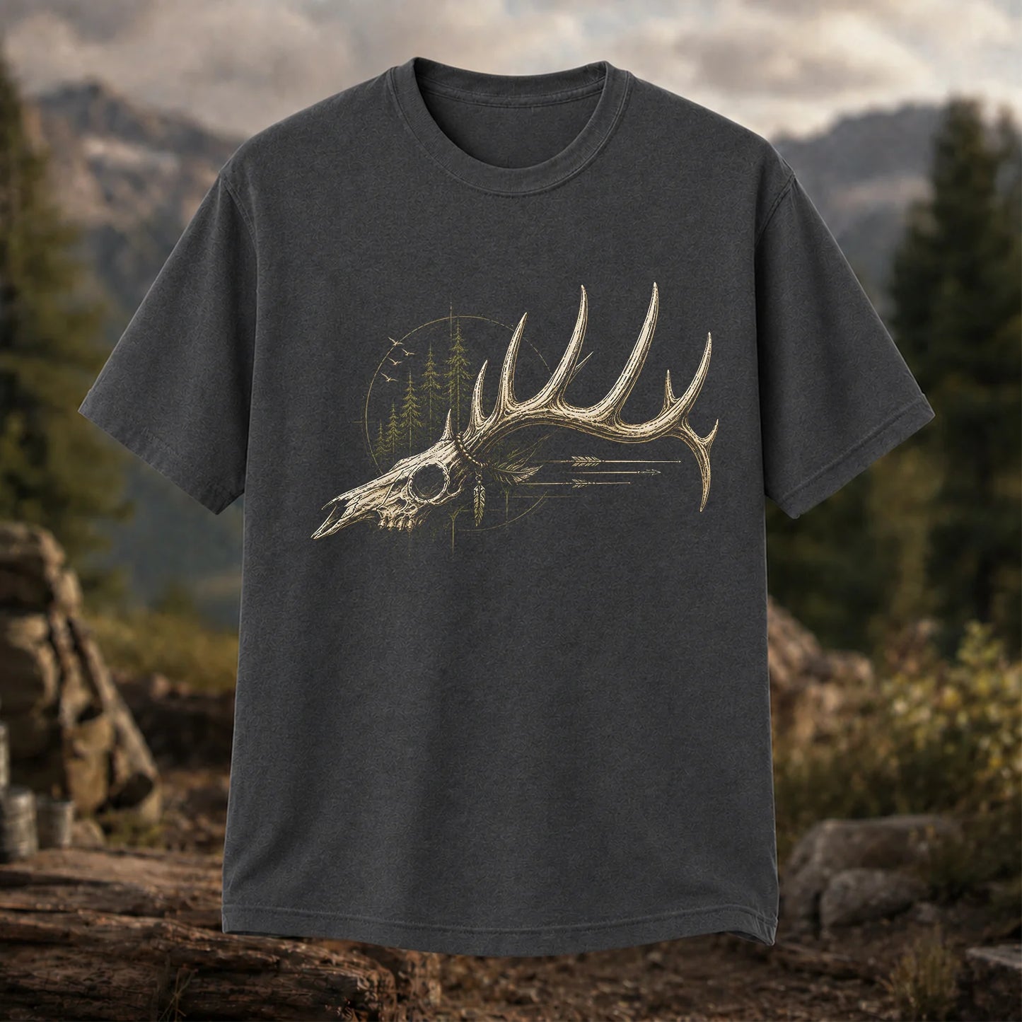 Deer Skull Antlers T-Shirt, Vintage Woodland Hunter Tee