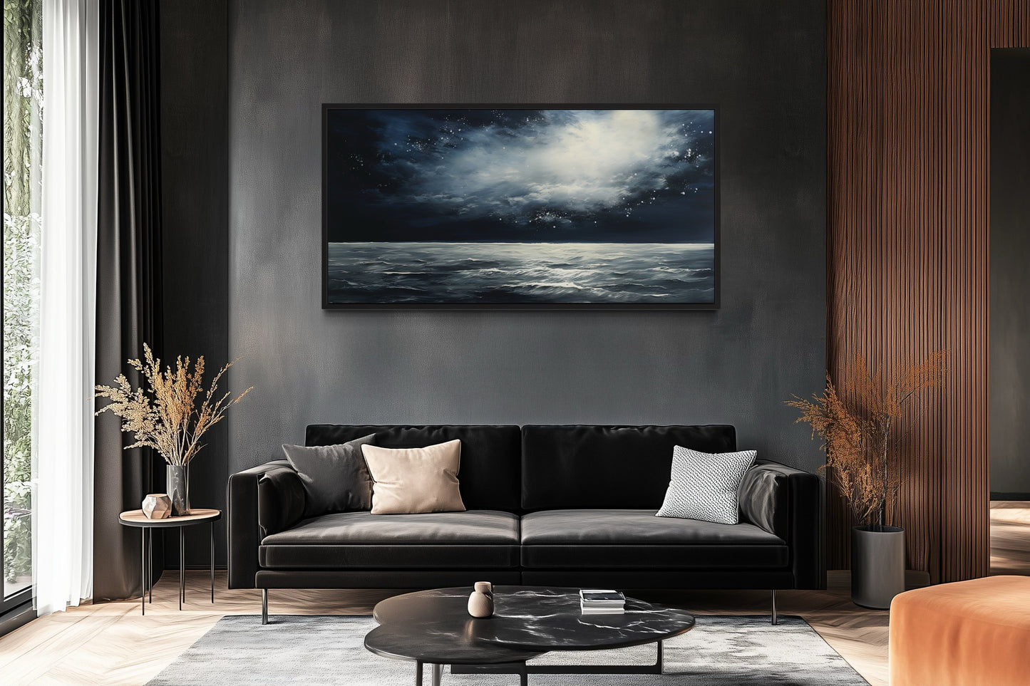 Dark Horizontal Starry Night Ocean Seascape Framed Canvas Wall Art