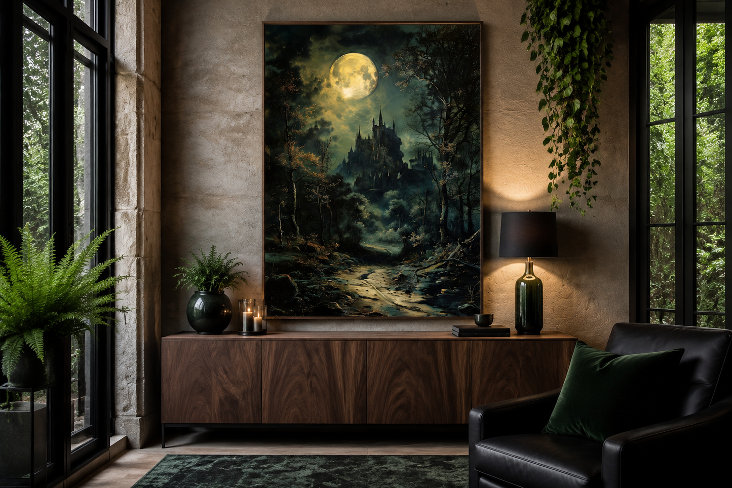 Dark Moonlit Gothic Vampire Castle Framed Canvas Wall Art