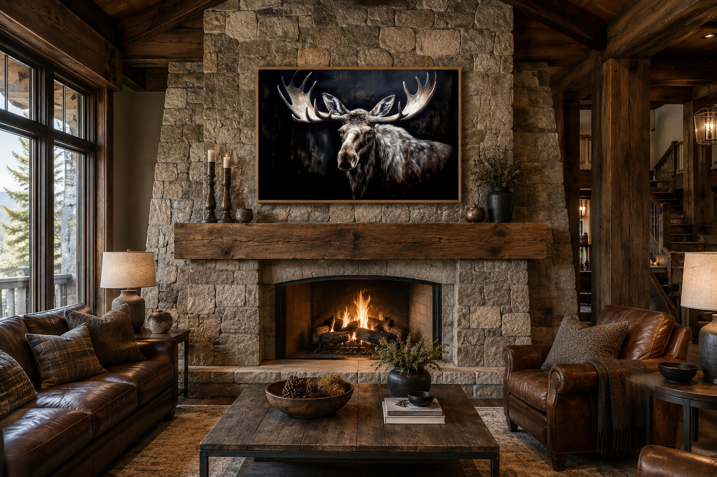 Dark Moose Painting Cabin Decor Framed Canvas Wall Art