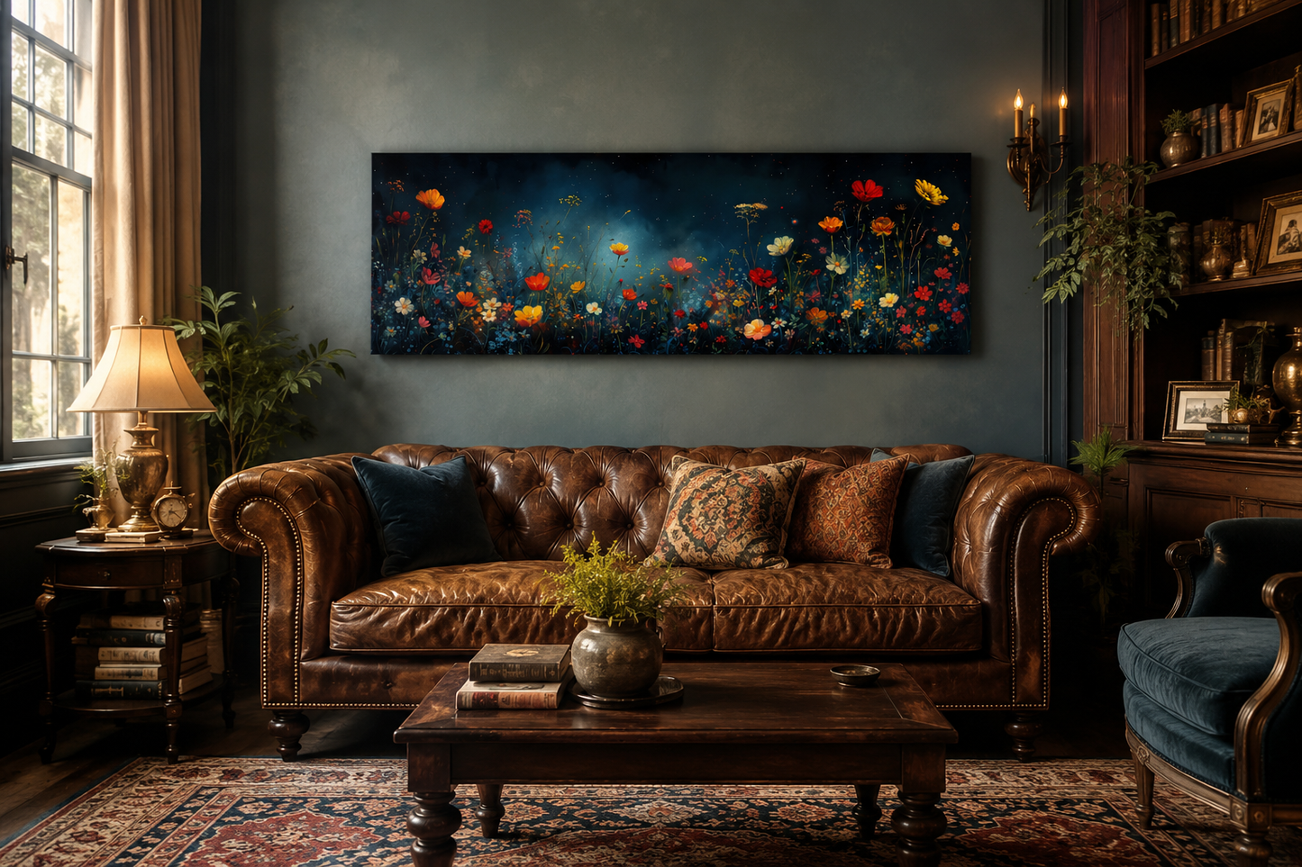 Dark Wildflowers Field Long Horizontal Over Bed Wall Art