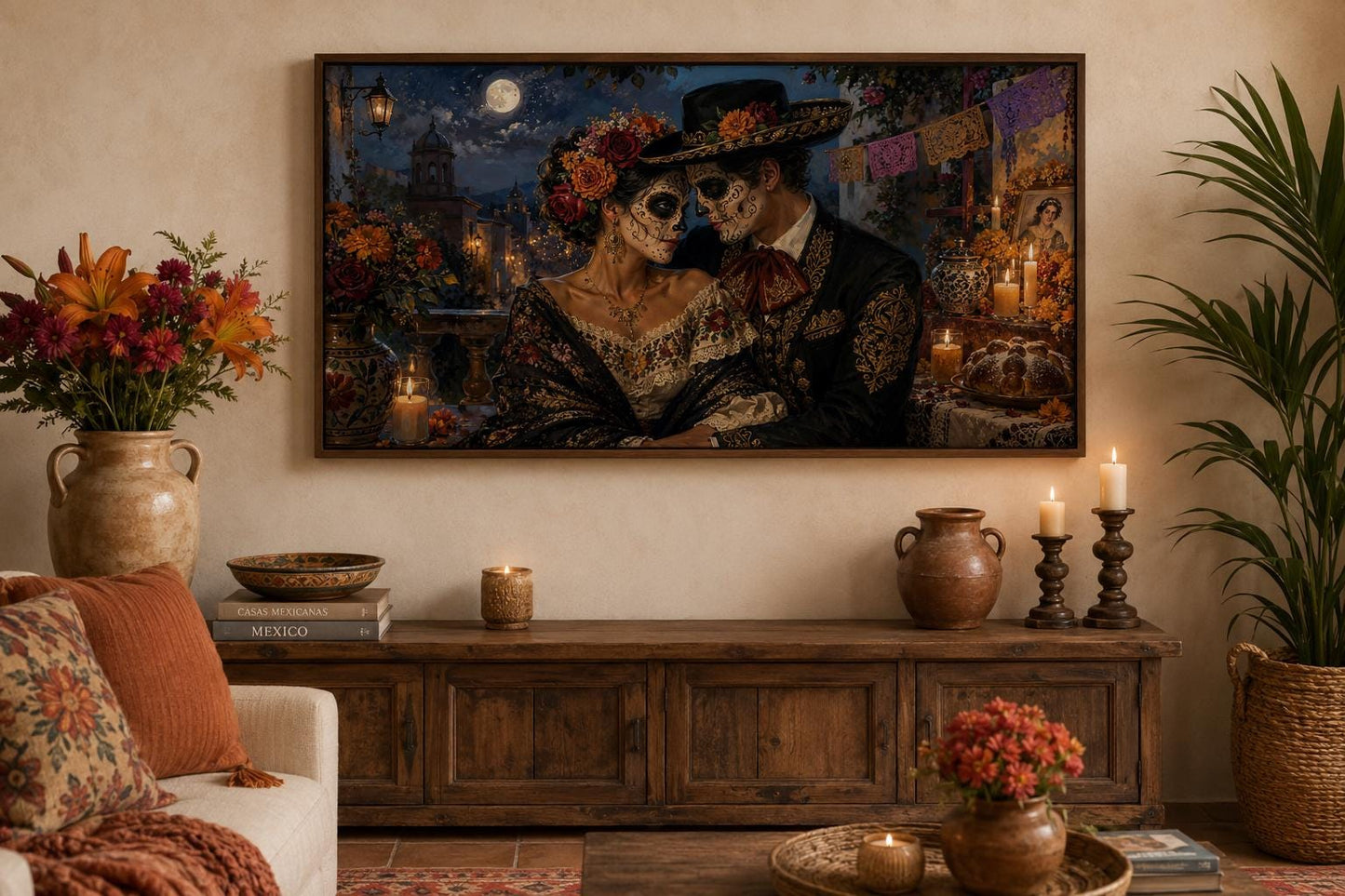 Day of the Dead Wall Art – Romantic Sugar Skull Couple Canvas for Living Room