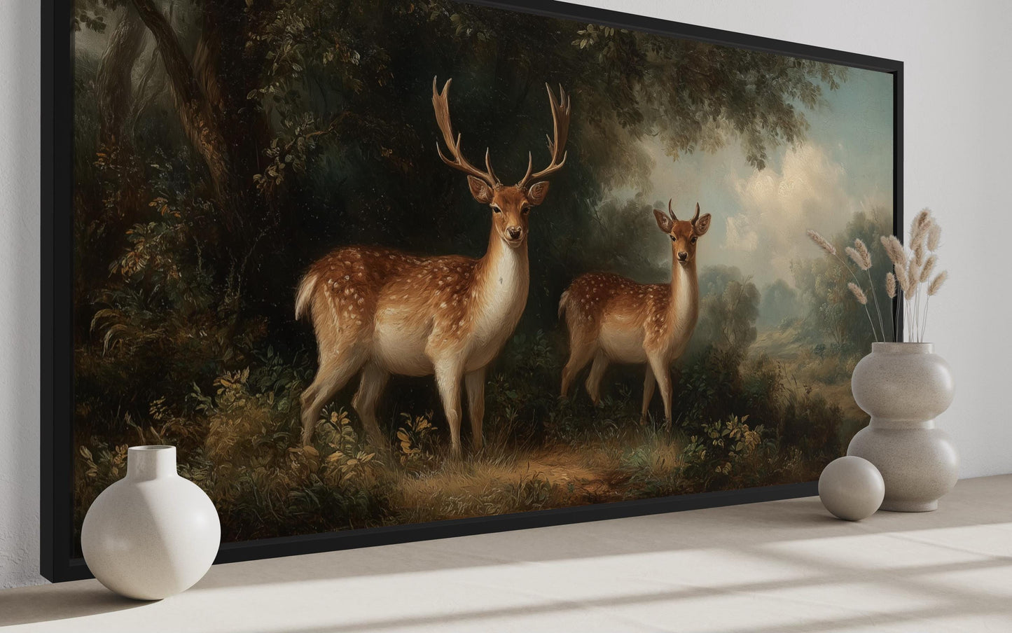 Deer And Doe In The Forest Framed Canvas Wall Art