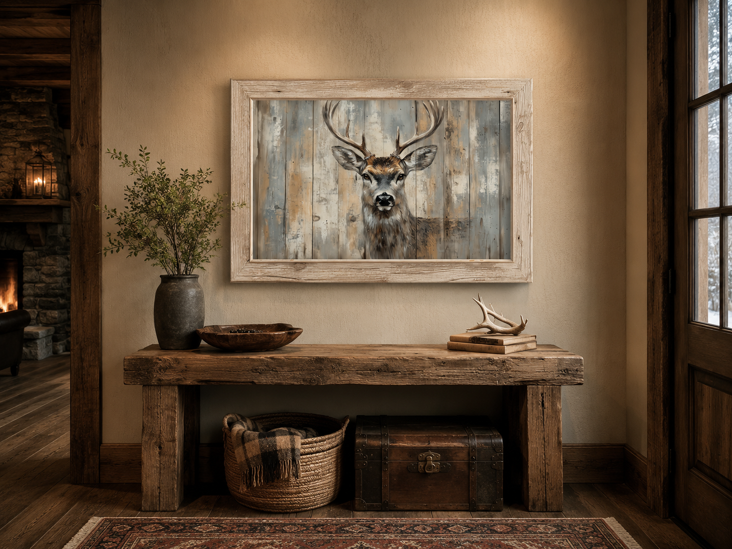 Deer Painting In Fake Rustic Barnwood Frame Canvas Wall Art