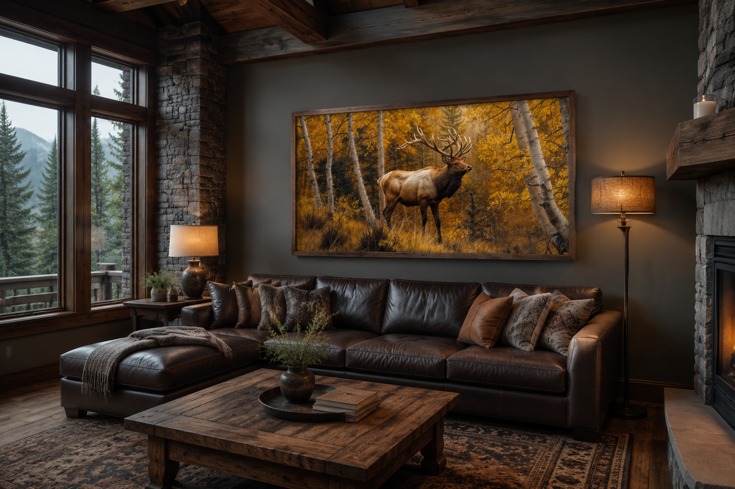 Elk In Autumn Forest Rustic Framed Canvas Wall Art for Cabin Decor