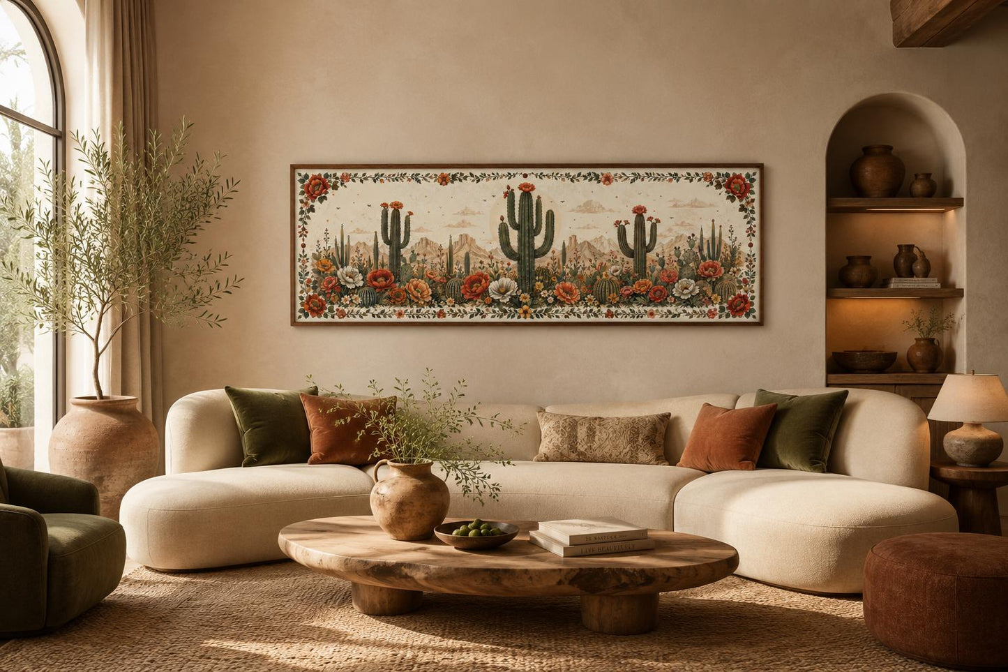 Desert With Blooming Cacti Long Narrow Canvas Wall Art for Southwestern Rooms