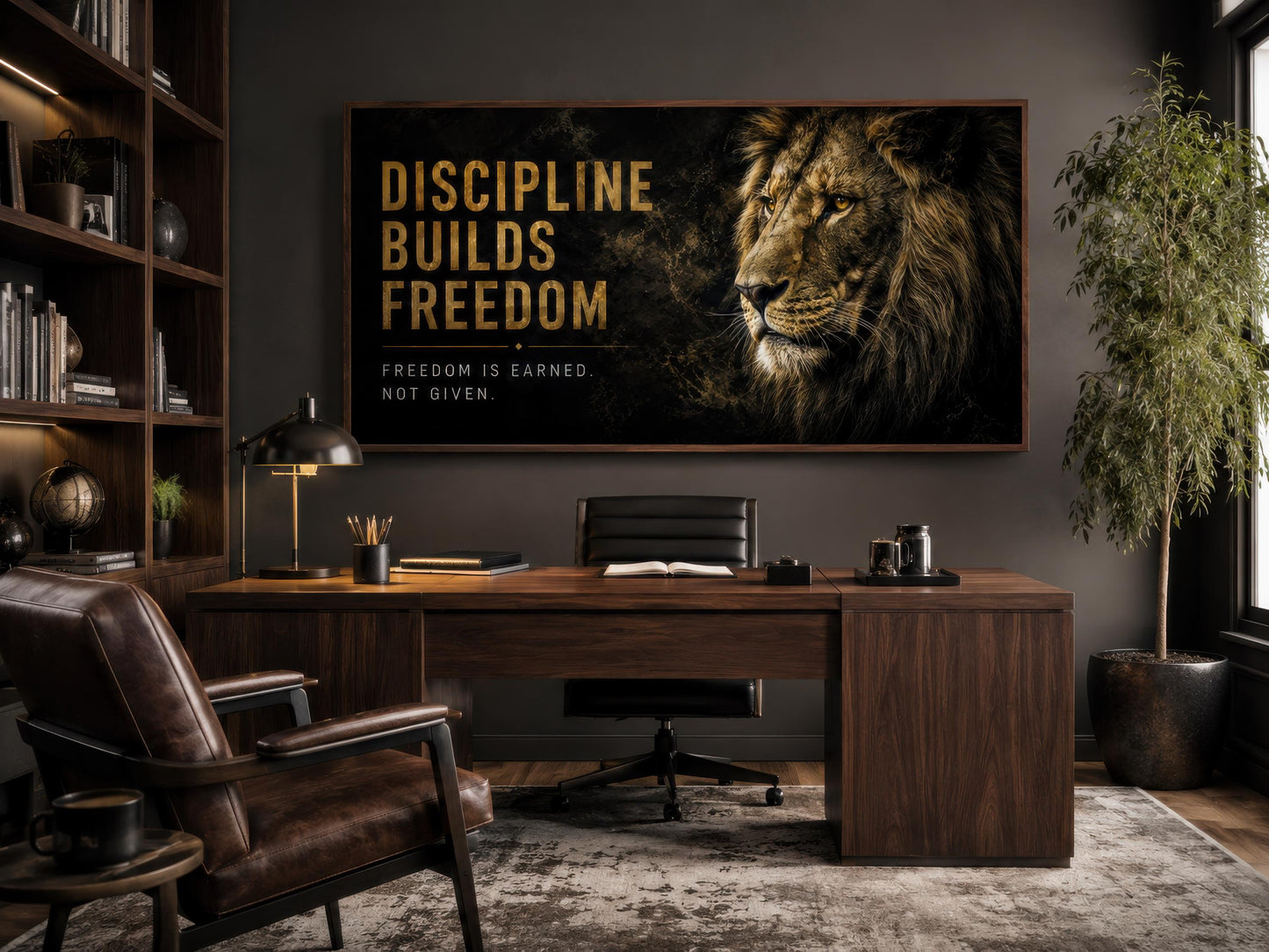 Discipline Builds Freedom Motivational Lion Wall Art – Black Gold Canvas for Mens Office