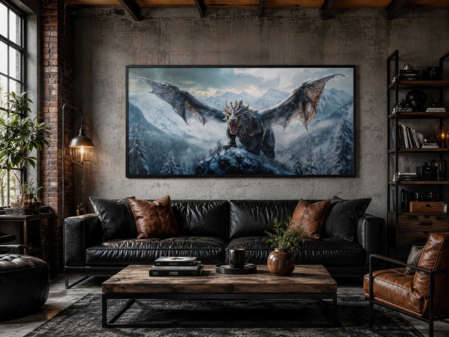 Dragon Canvas Wall Art – Framed Fantasy Painting for Ma Cave Or Game Room Decor
