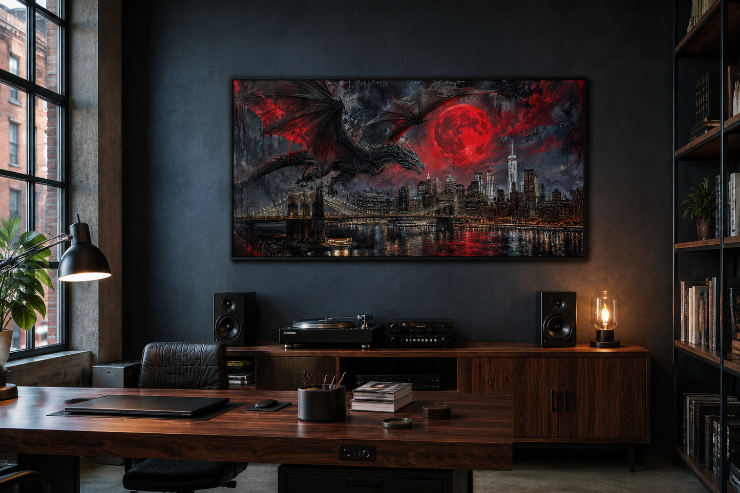 Dragon Over New York City Wall Art – Urban Graffiti Canvas Print For Man Cave Or Office Decor