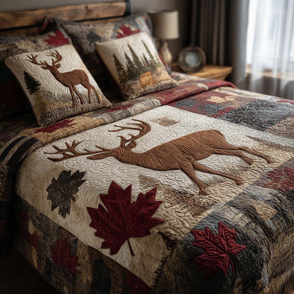Echoing Stag 3-Piece Quilted Bedding Set - Single (59" x 70")