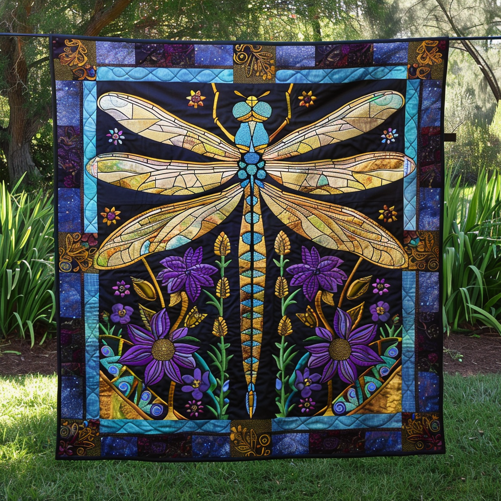 Elegant Azure Glow Dragonfly Quilted Blanket - Throw (55" x 60")