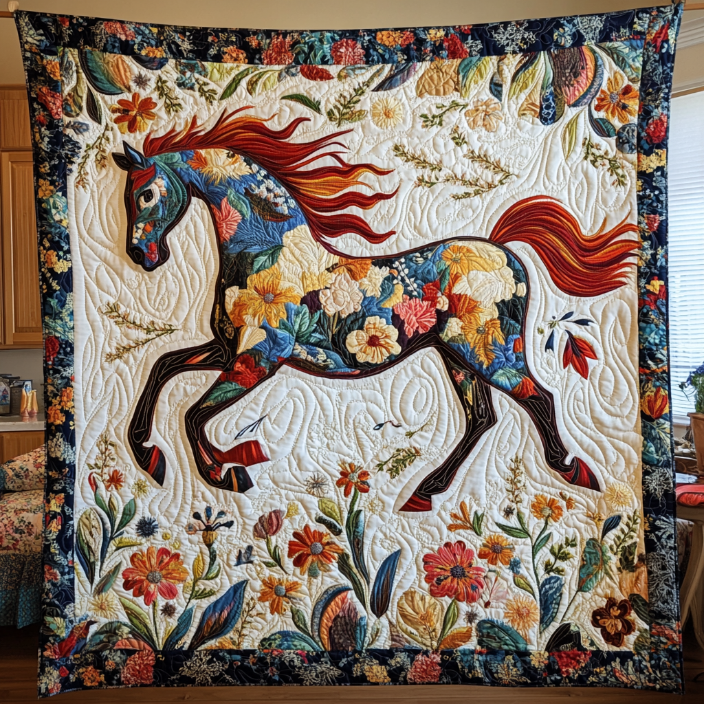 Elegant Horse Running Quilted Blanket - Throw (55" x 60")