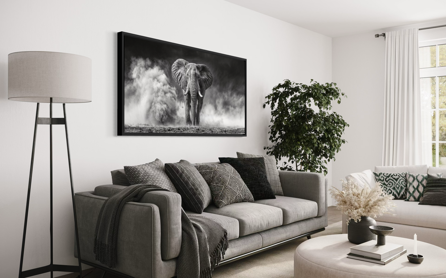 Elephant Wall Art - Black White Photography Framed Canvas Print for Rustic Home Decor
