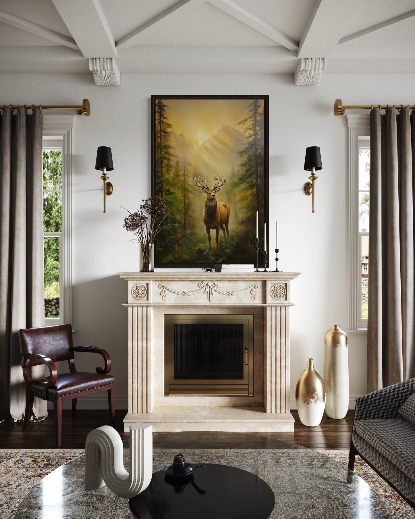 Elk in Fir Tree Forest At Sunrise Framed Canvas Wall Art