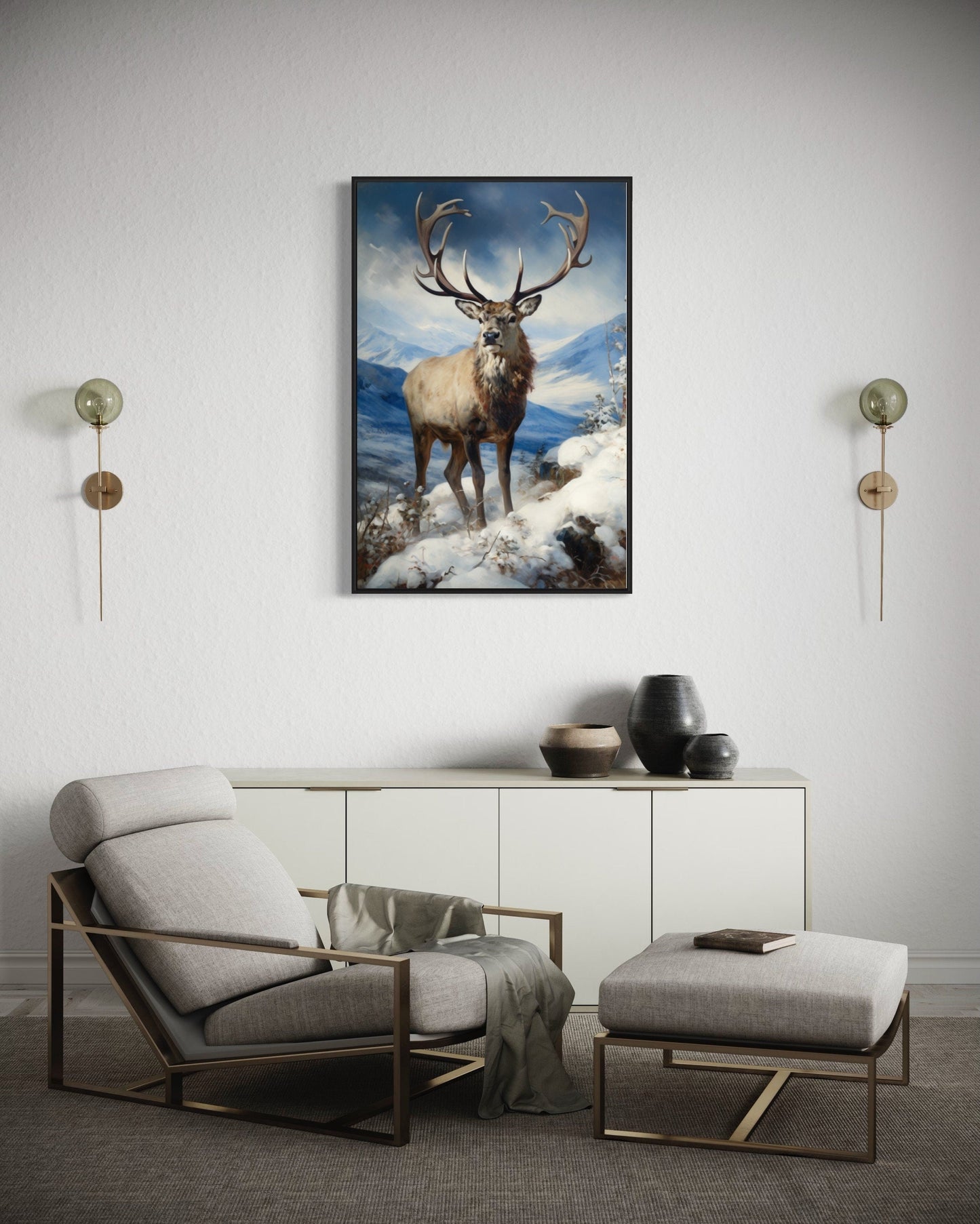 Elk in Snowy Mountains Framed Canvas Wall Art - Winter Cabin Decor