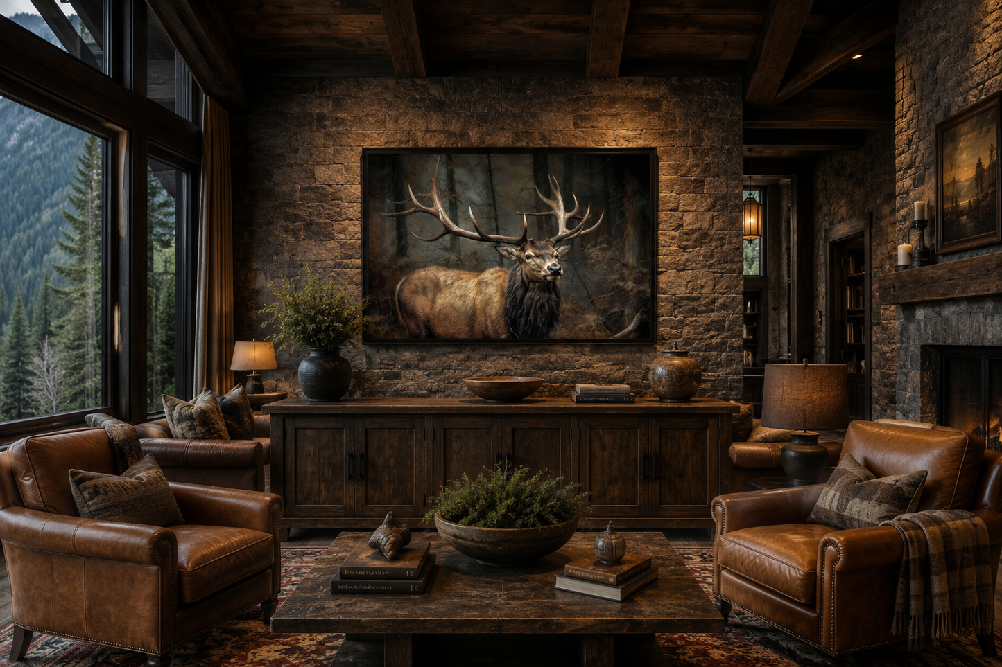 Elk With Big Antlers In The Forest Framed Canvas Wall Art