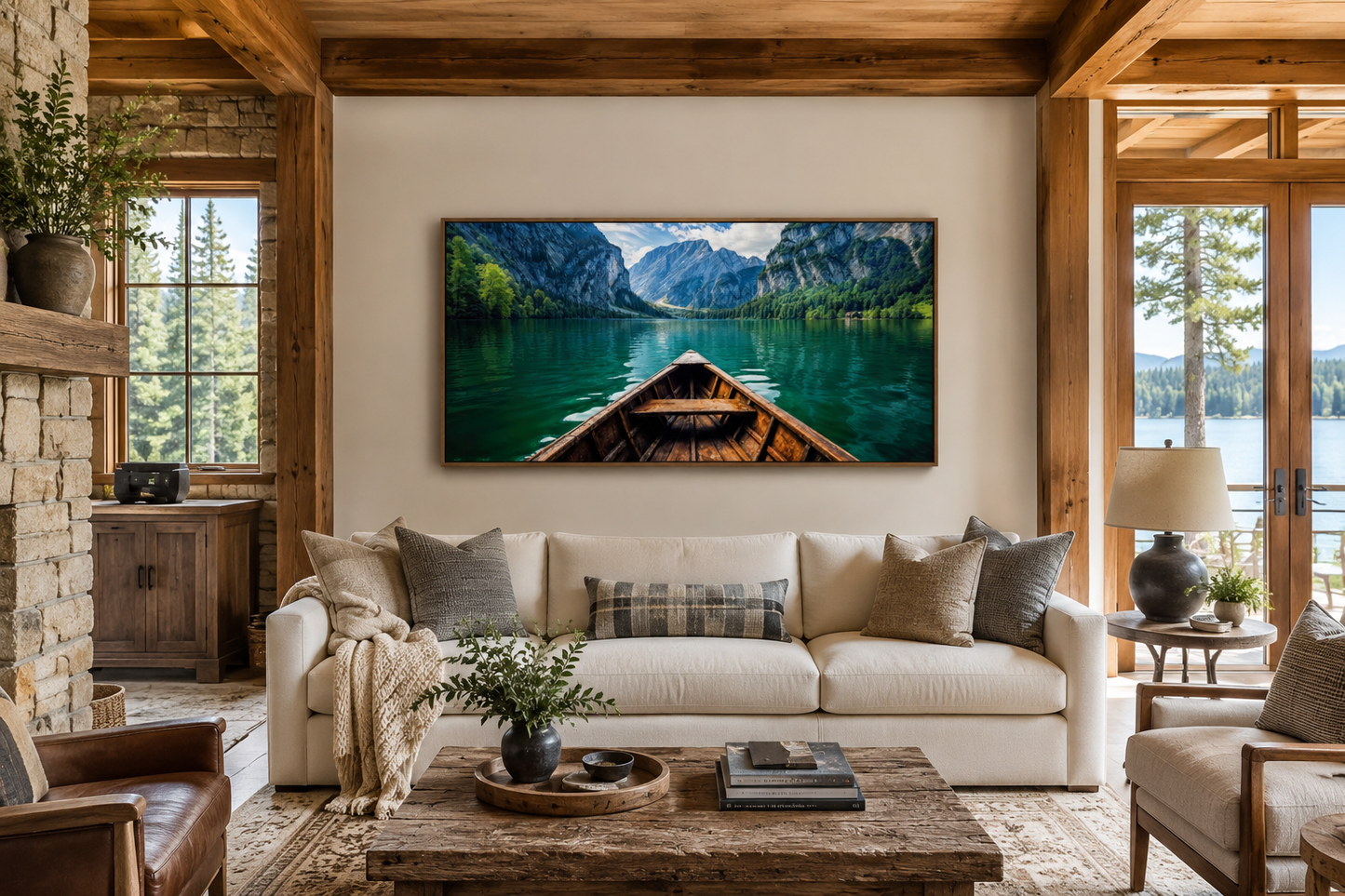 Close Up Of A Wooden Boat In Emerald Green Lake Art For Lake house Decor Canvas Wall Art