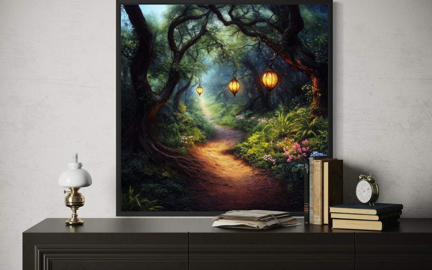 Enchanted Forest Wall Art – Glowing Lantern Woodland Fantasy Painting for Cozy Living Room