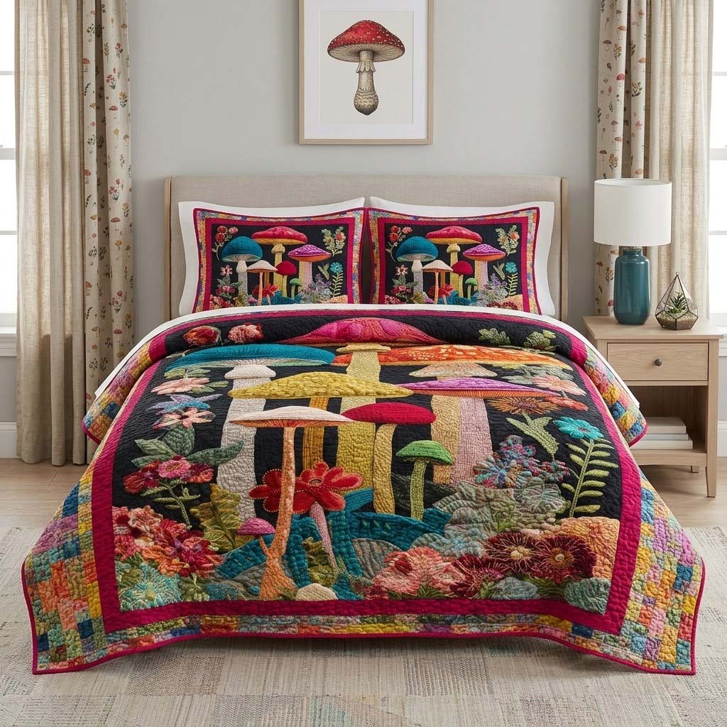 Enchanted Mushroom Forest 3-Piece Quilted Bedding Set - Single (59" x 70")