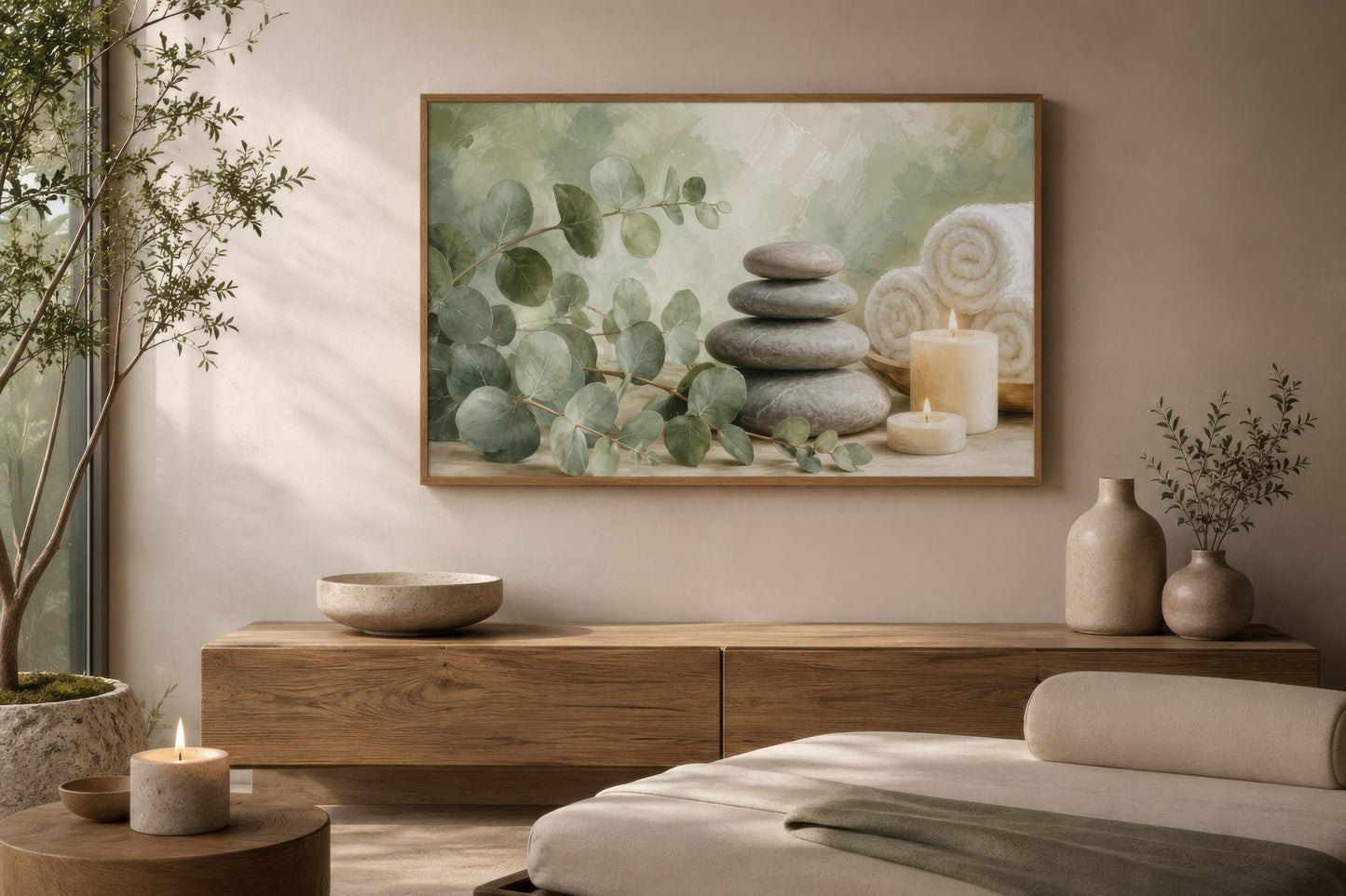 Eucalyptus Spa Wall Art - Sage Green Spa Decor | Bathroom Canvas Print, Zen Stone Painting