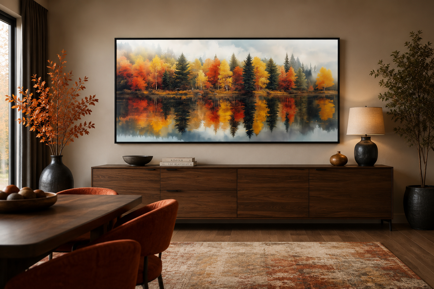 Fall Forest Wall Art – Watercolor Autumn Canvas Print | Rustic Lake House Decor