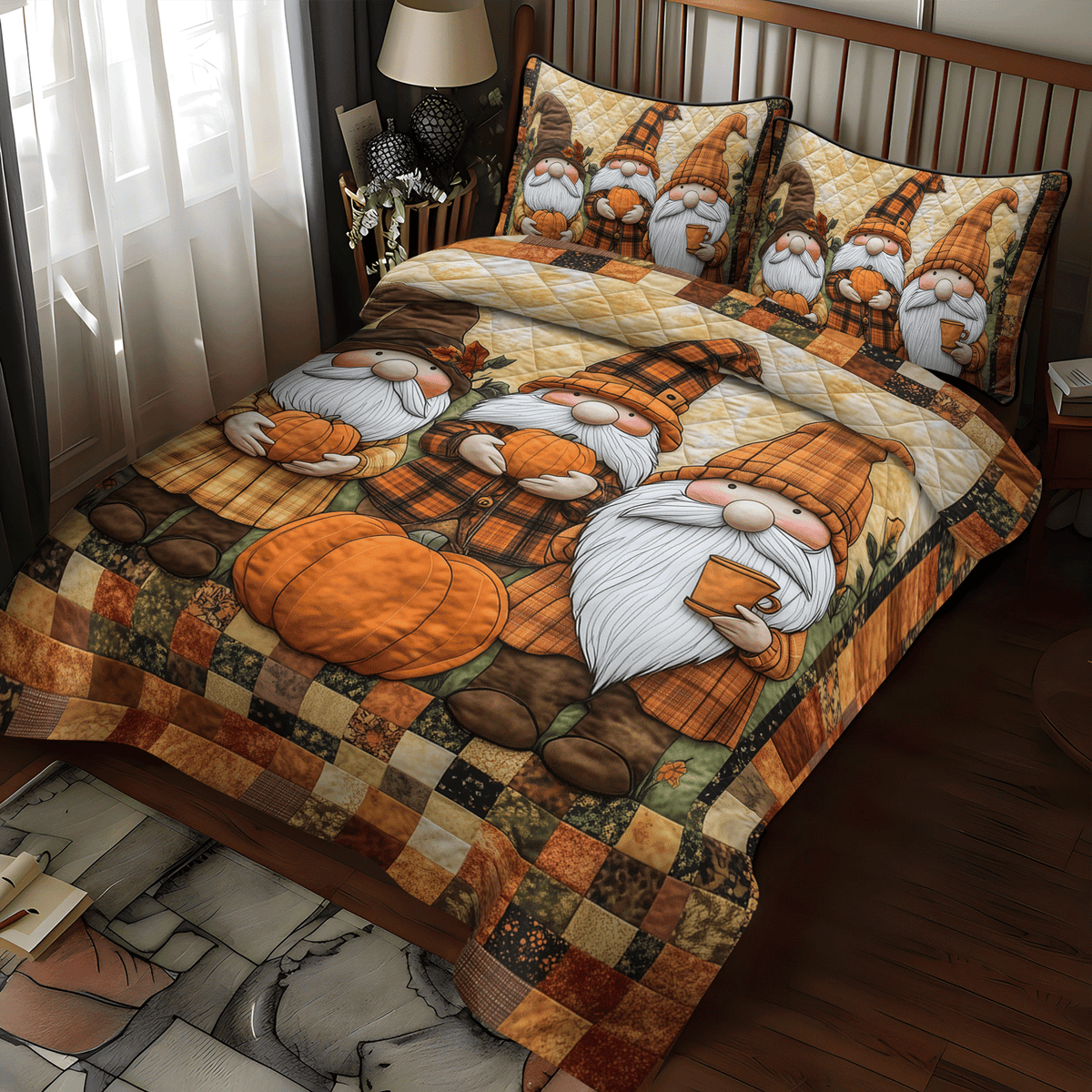 Fall Gnomes 3-Piece Quilted Bedding Set - Single (59" x 70")