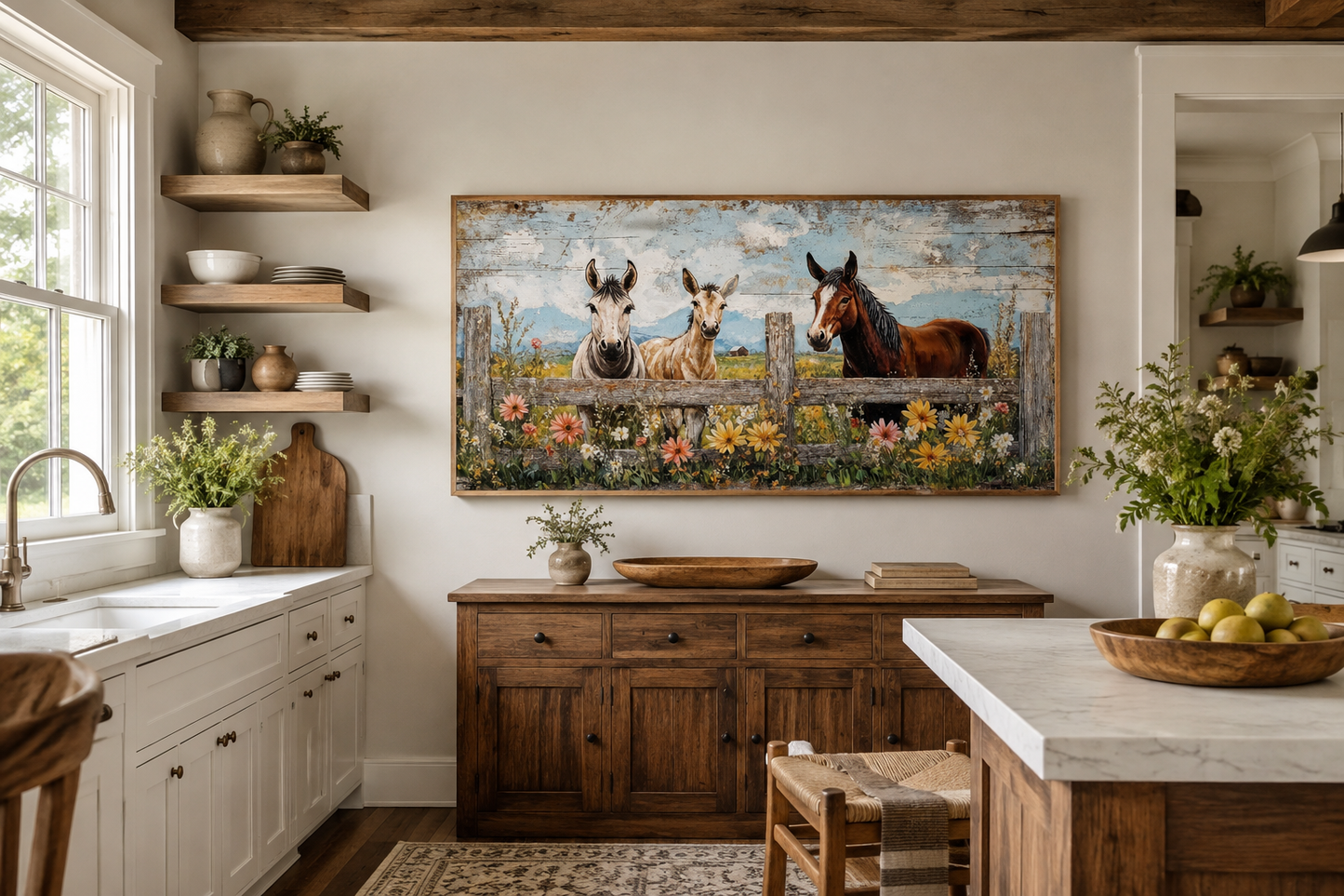 Farm Animals - Donkeys And Horse Framed Canvas Wall Art