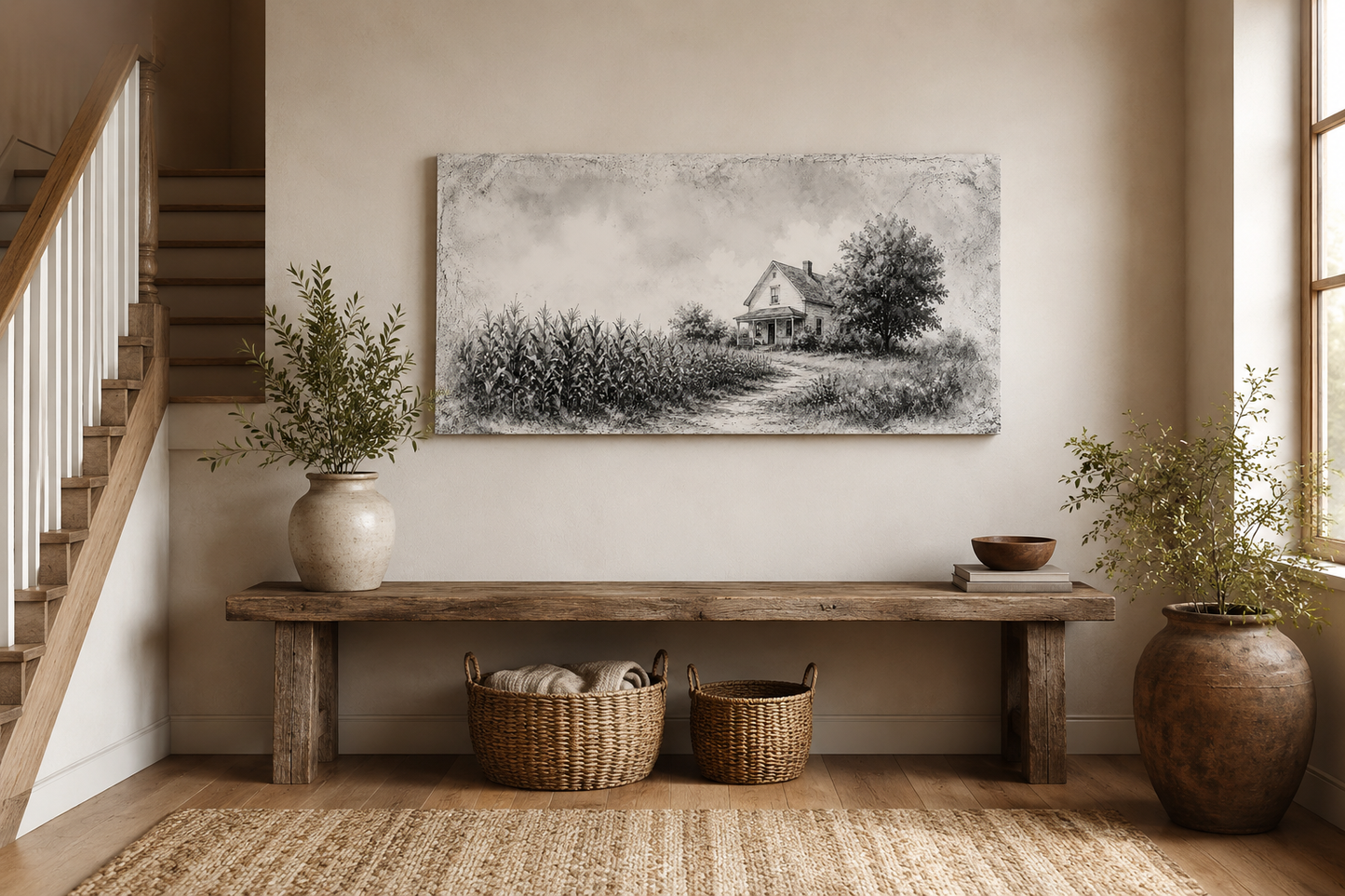 Black and White Farmhouse Wall Art - Barn In Cornfield Canvas Print