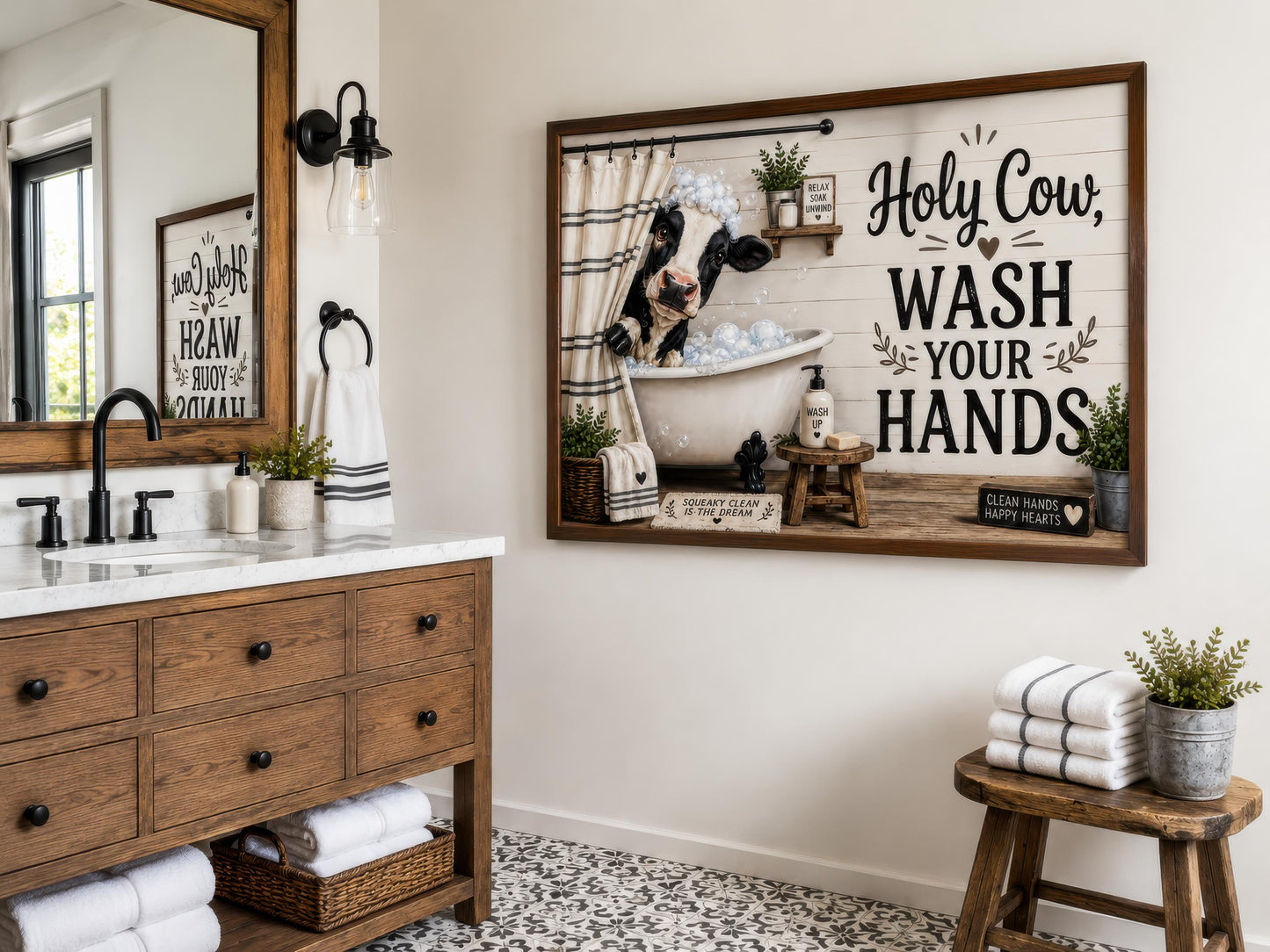 Farmhouse Bathroom Wall Art – Funny Cow Bathroom Decor | Wash Your Hands Canvas