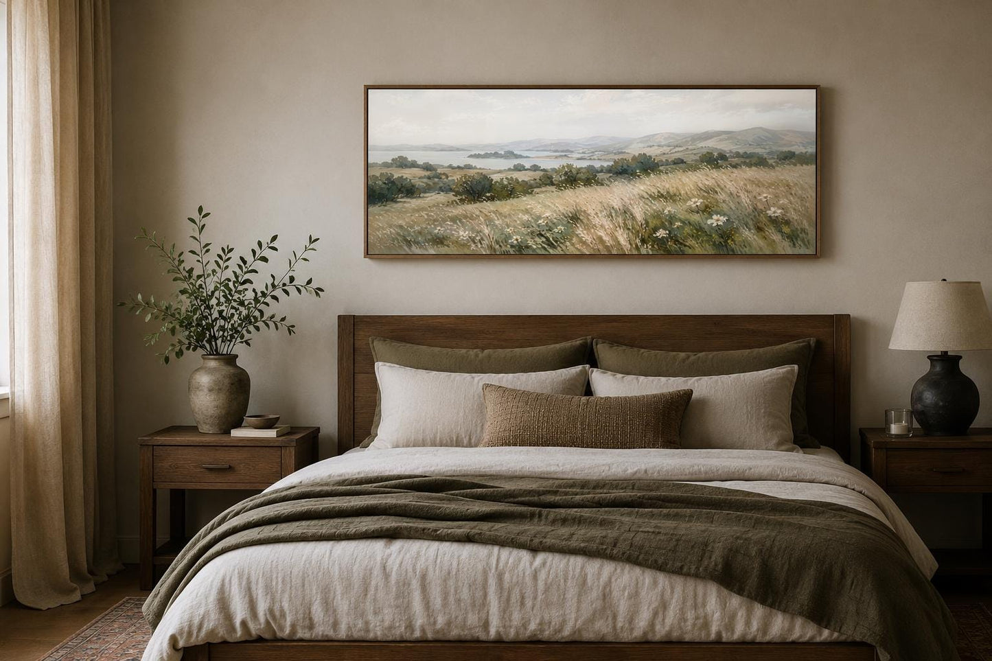 Farmhouse Grass Field Wall Art – Long Horizontal Canvas | Neutral Landscape Decor
