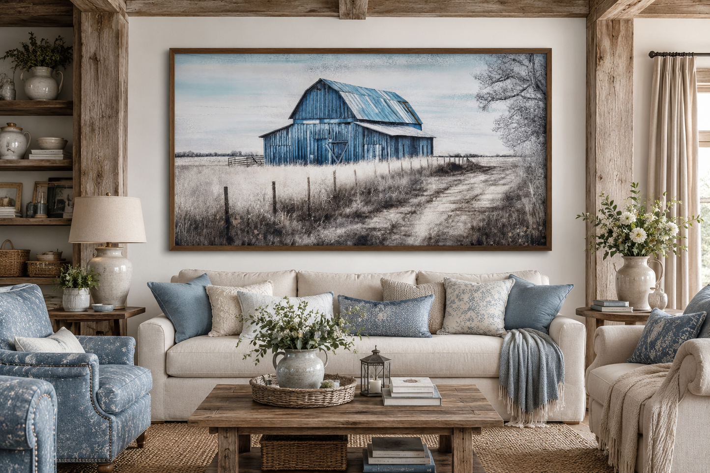 Rustic Barn Wall Art - Blue Barn Canvas Painting for Farmhouse Wall Decor
