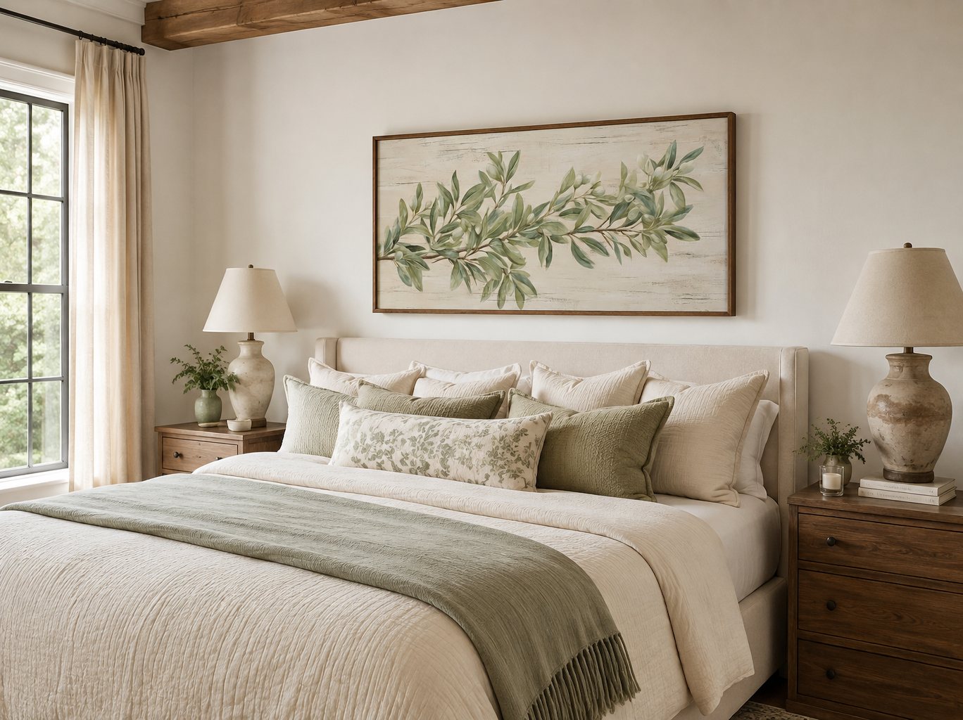 Sage Green Olive Branch Painting On Wood Framed Canvas Wall Art For Farmhouse Decor