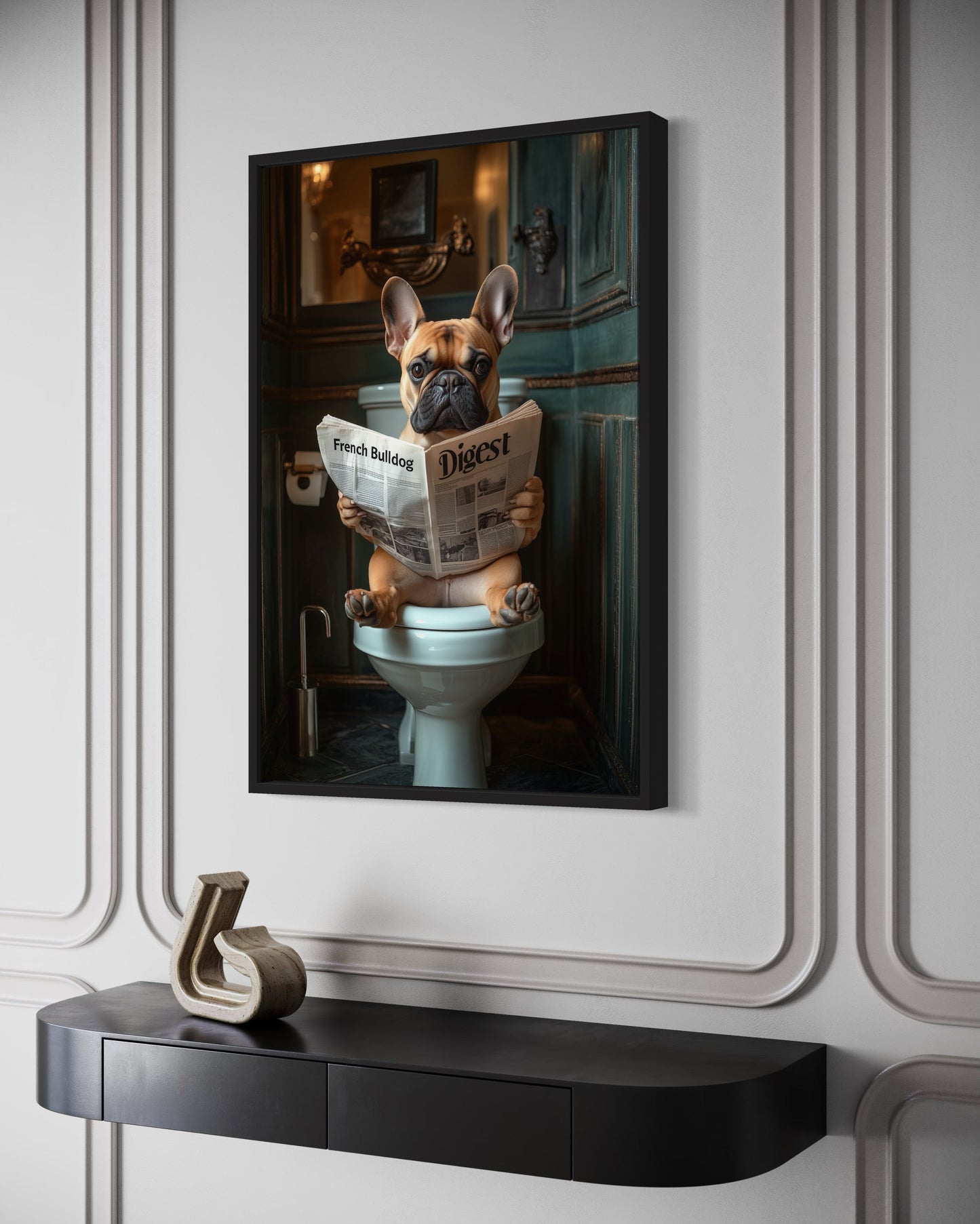 Fawn French Bulldog On The Toilet Reading Newspaper Picture Canvas Wall Art