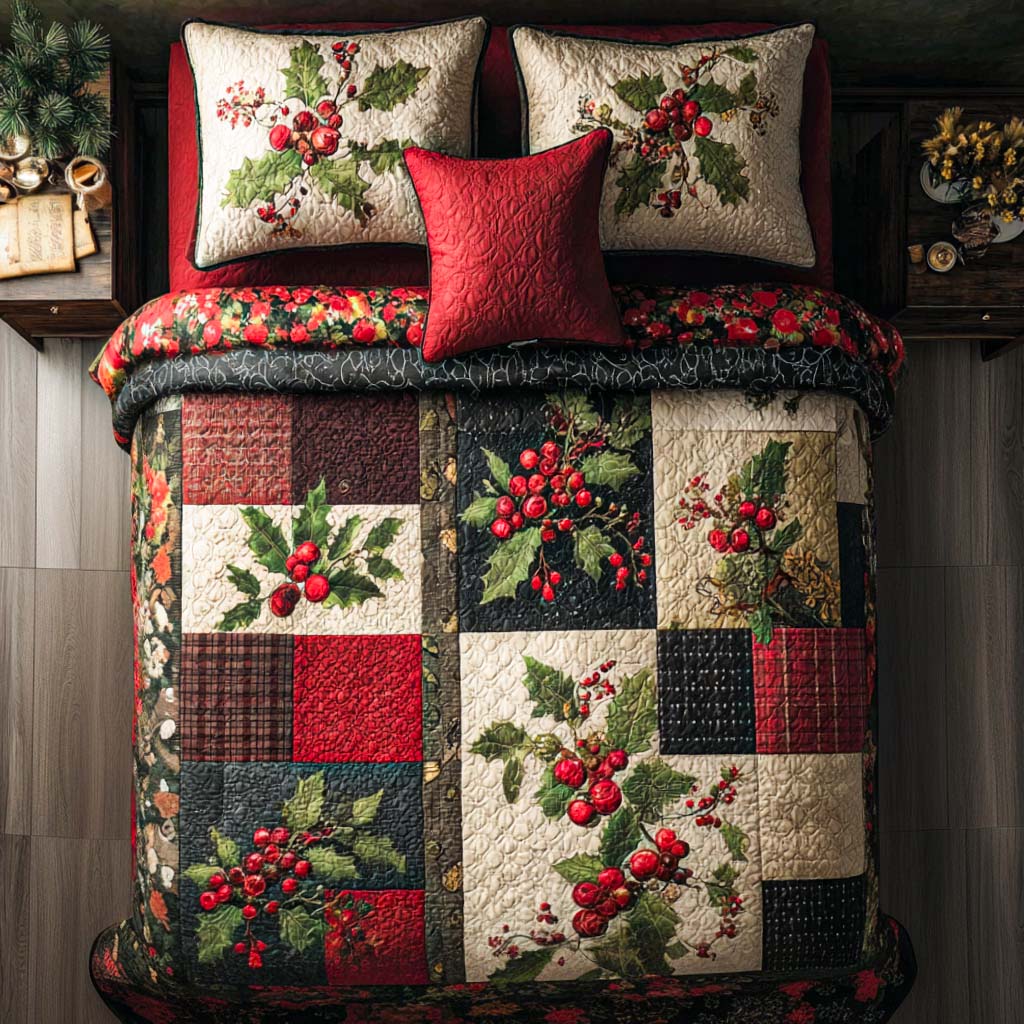 Festive Berries 3-Piece Quilted bedding Set - Single (59" x 70")
