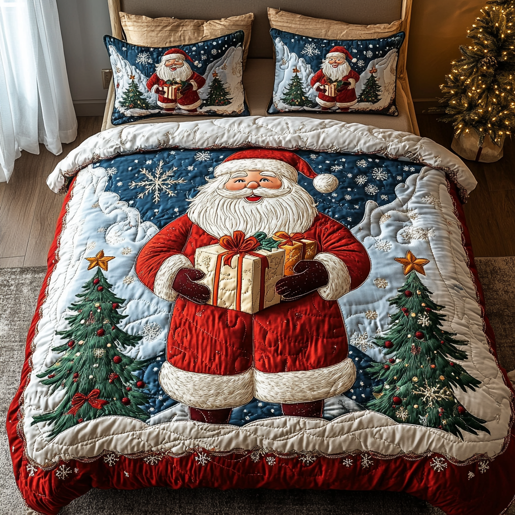 Festive Father Christmas 3-Piece Quilted Bedding Set - Single (59" x 70")
