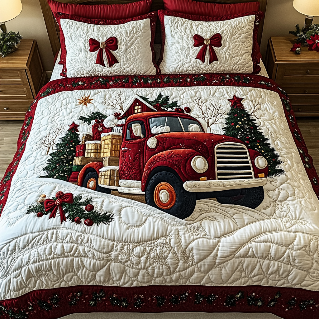 Festive Red Roadster 3-Piece Quilted Bedding Set - Single (59" x 70")