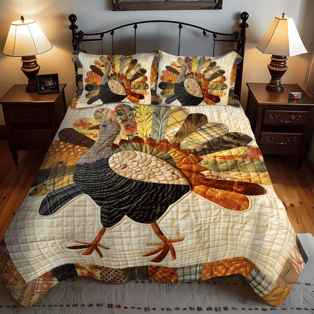 Festive Turkey 3-Piece Quilted Bedding Set - Single (59" x 70")