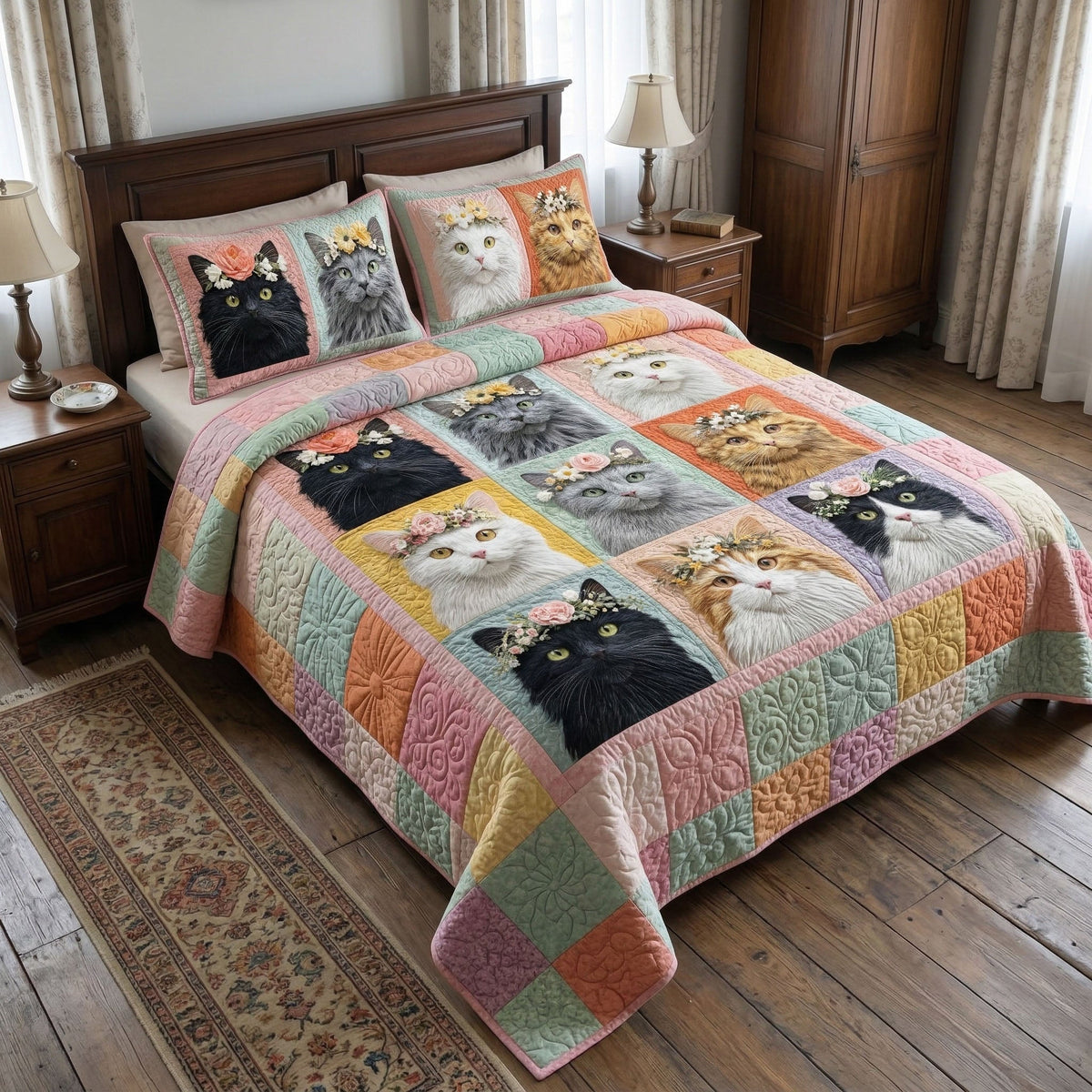 Floral Cat Patchwork 3-Piece Quilted Bedding Set - Single (59" x 70")