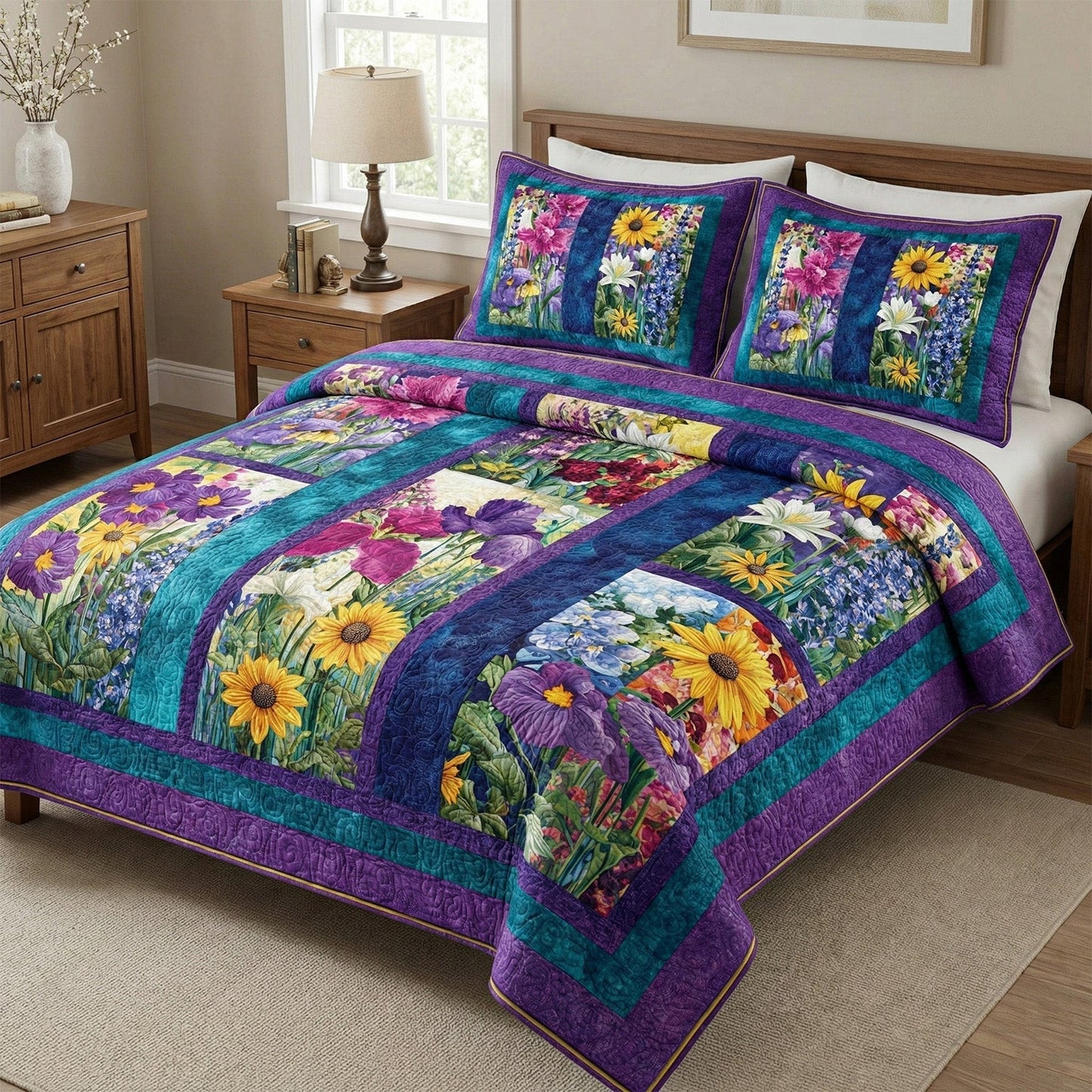 Floral Harmony 3-Piece Quilted Bedding Set - Single (59" x 70")