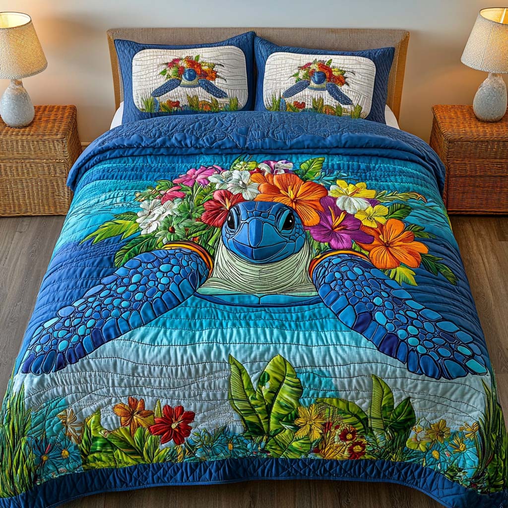 Floral Turtle 3-Piece Quilted Bedding Set - Single (59" x 70")