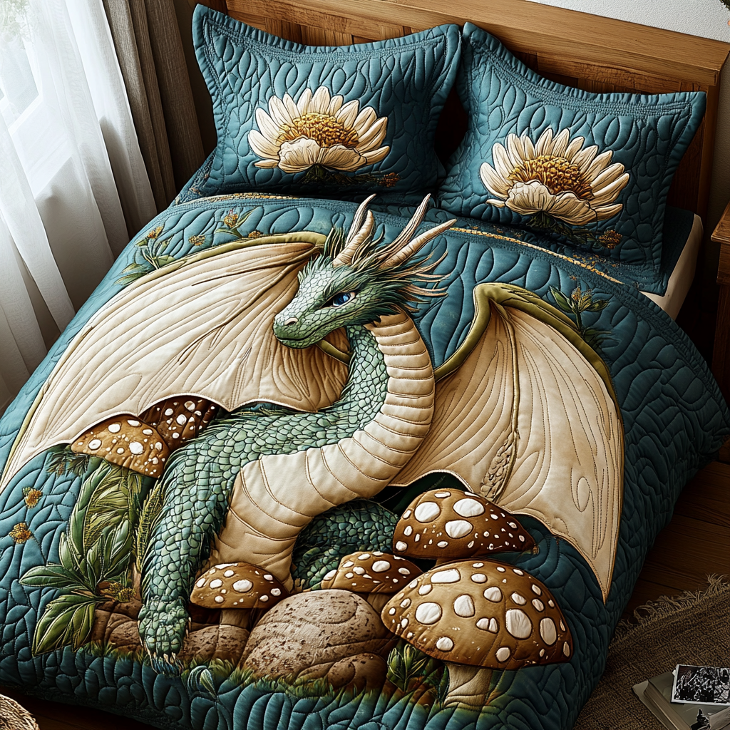 Forest Mushroom Dragon 3-Piece Quilted Bedding Set - Single (59" x 70")