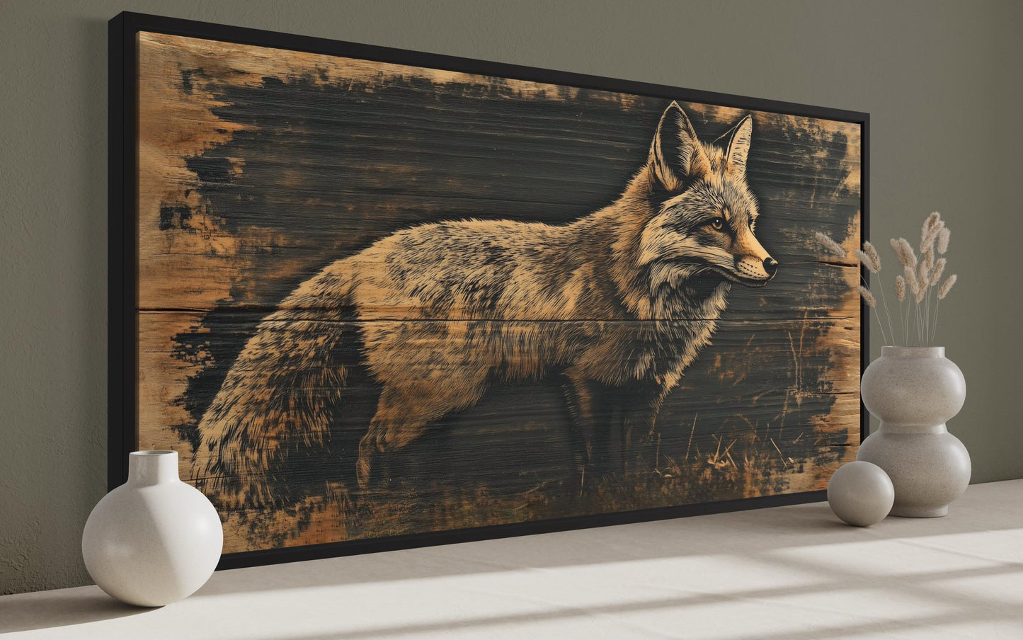 Fox Painted on Dark Wood Framed Canvas Wall Art