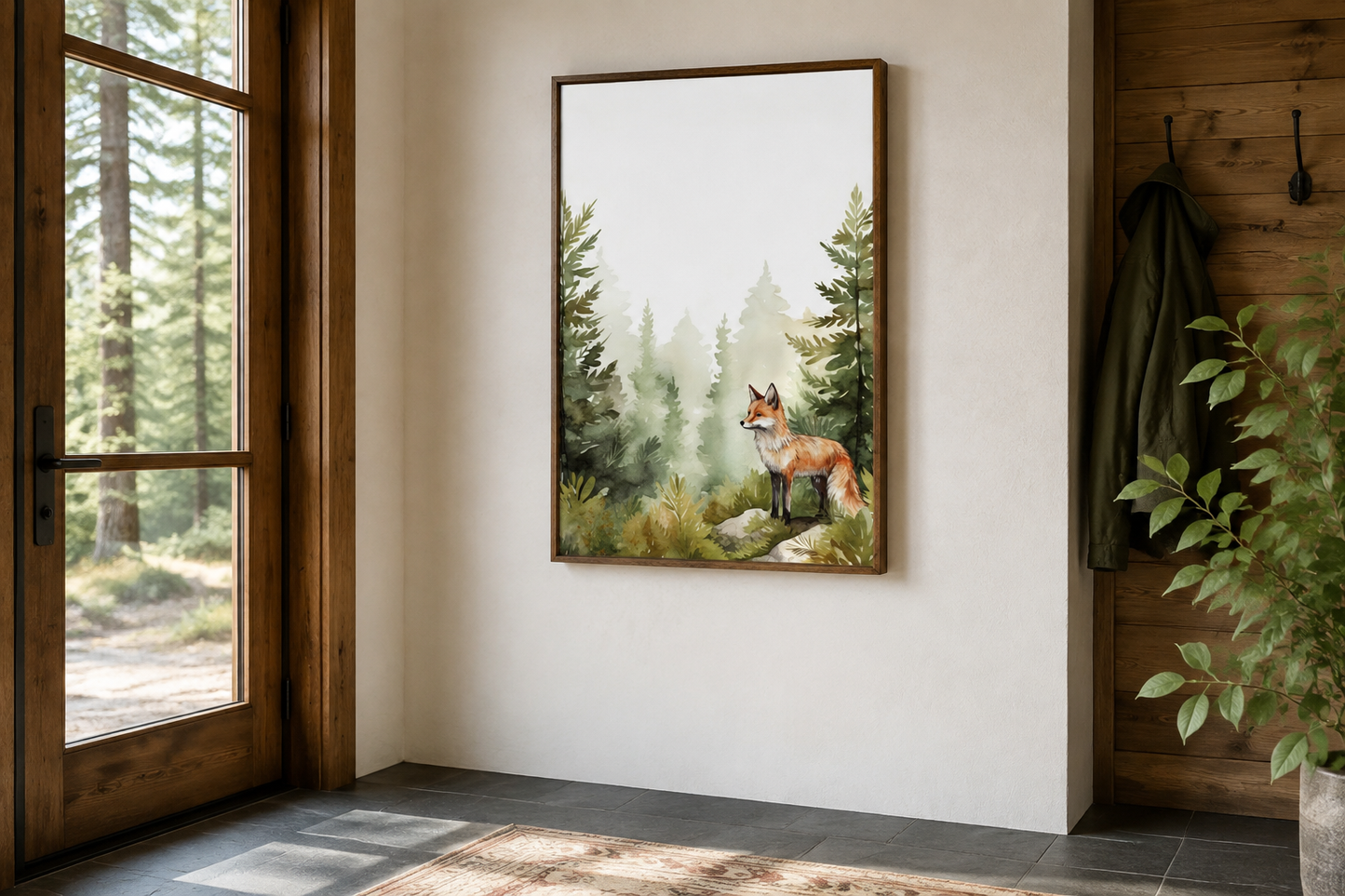 Fox In The Forest Watercolor Framed Canvas Wall Art For Nursery Or Cabin